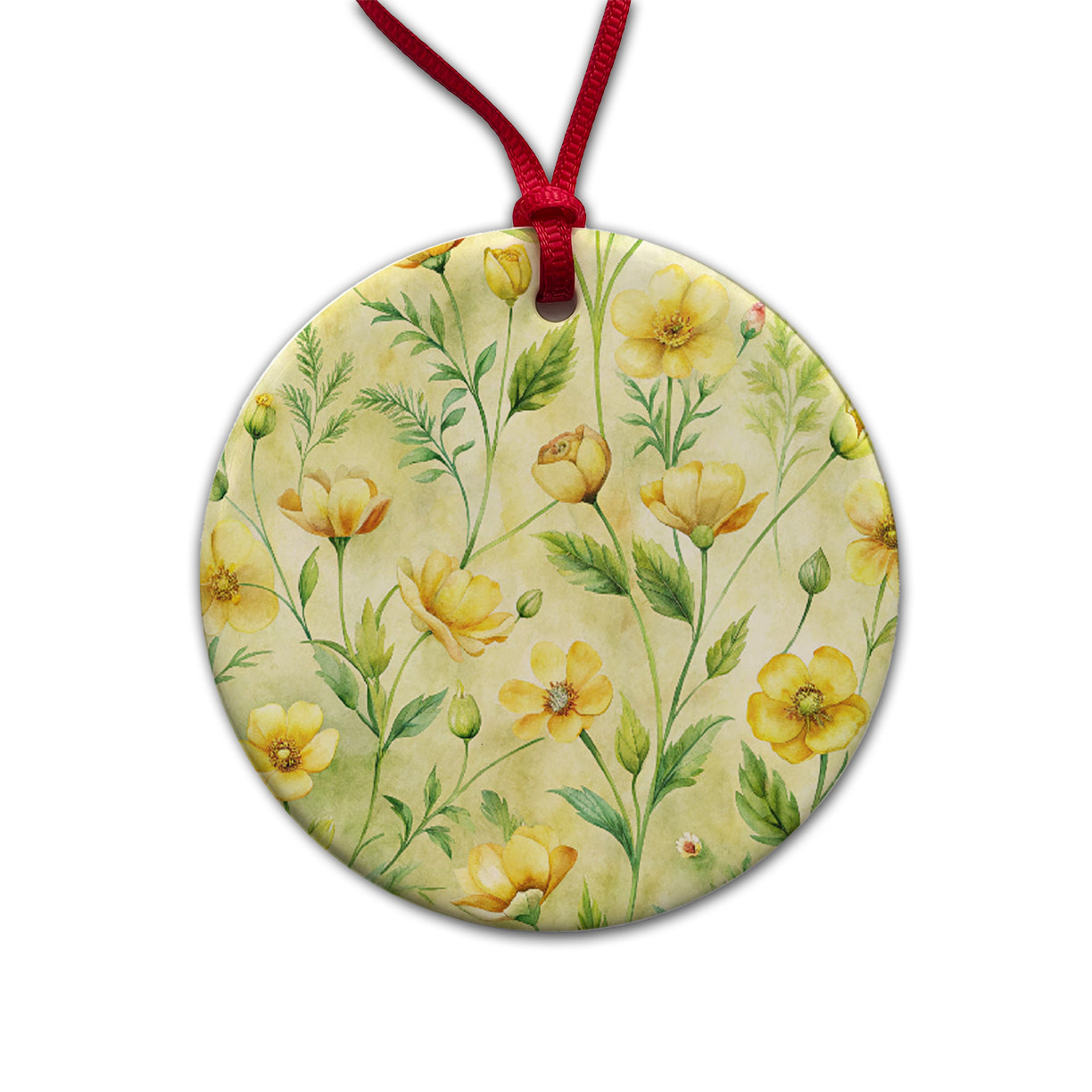 Buttercups Yellow Flowers Round Ceramic Holiday Christmas Tree Ornament