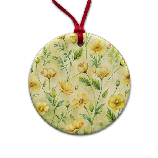 Buttercups Yellow Flowers Round Ceramic Holiday Christmas Tree Ornament