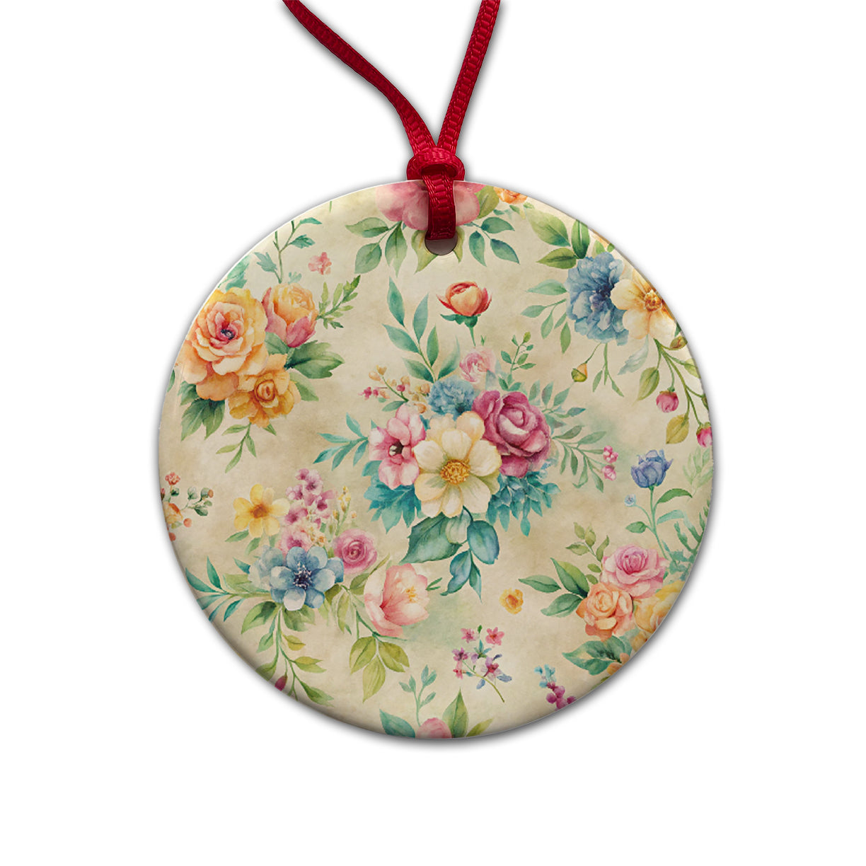 Ditsy Floral Flowers Wallpaper Round Ceramic Holiday Christmas Tree Ornament