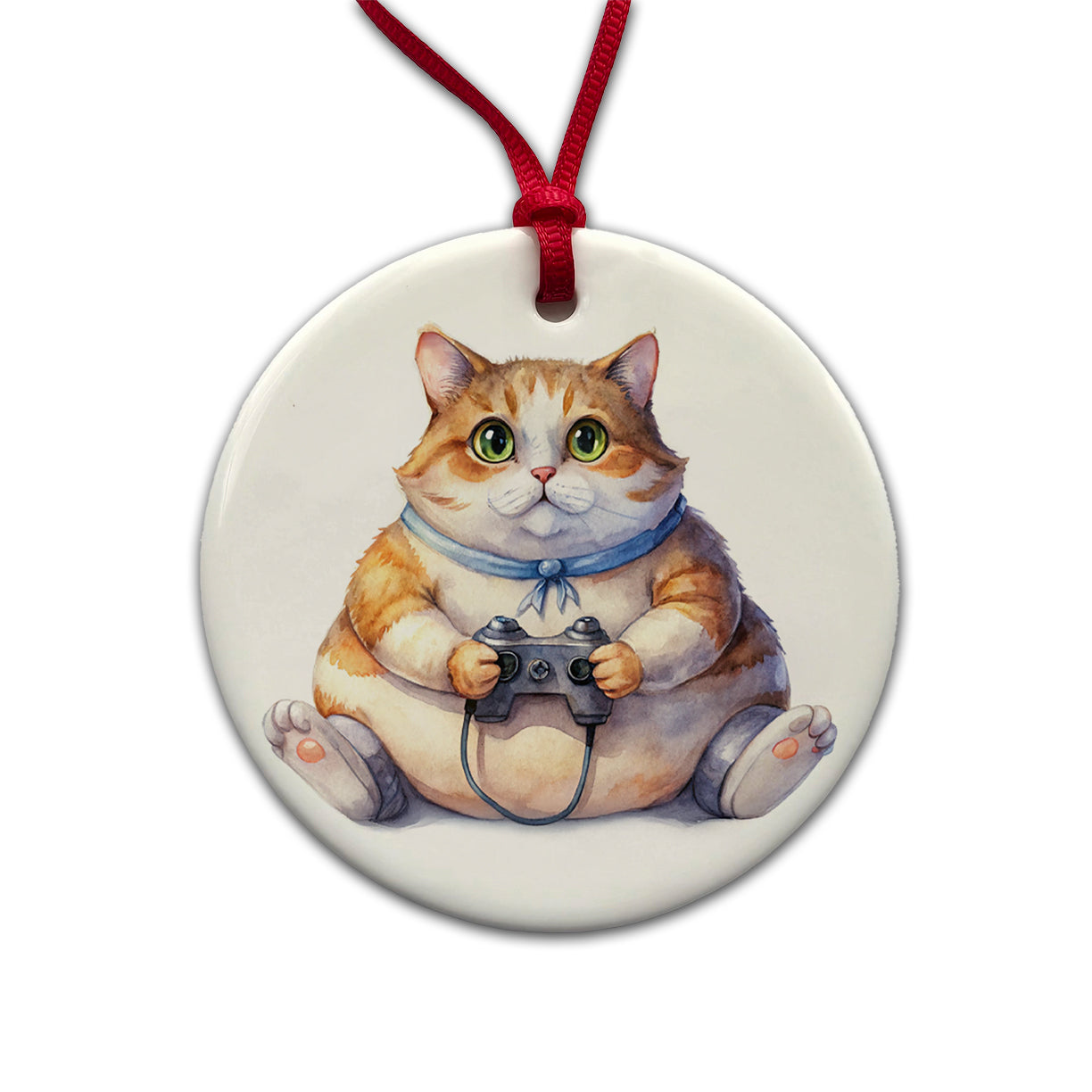 Fat Gamer Kitty Round Ceramic Holiday Christmas Tree Ornament