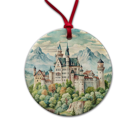 German Castle Watercolor Neuschwanstein Round Ceramic Holiday Christmas Tree Ornament