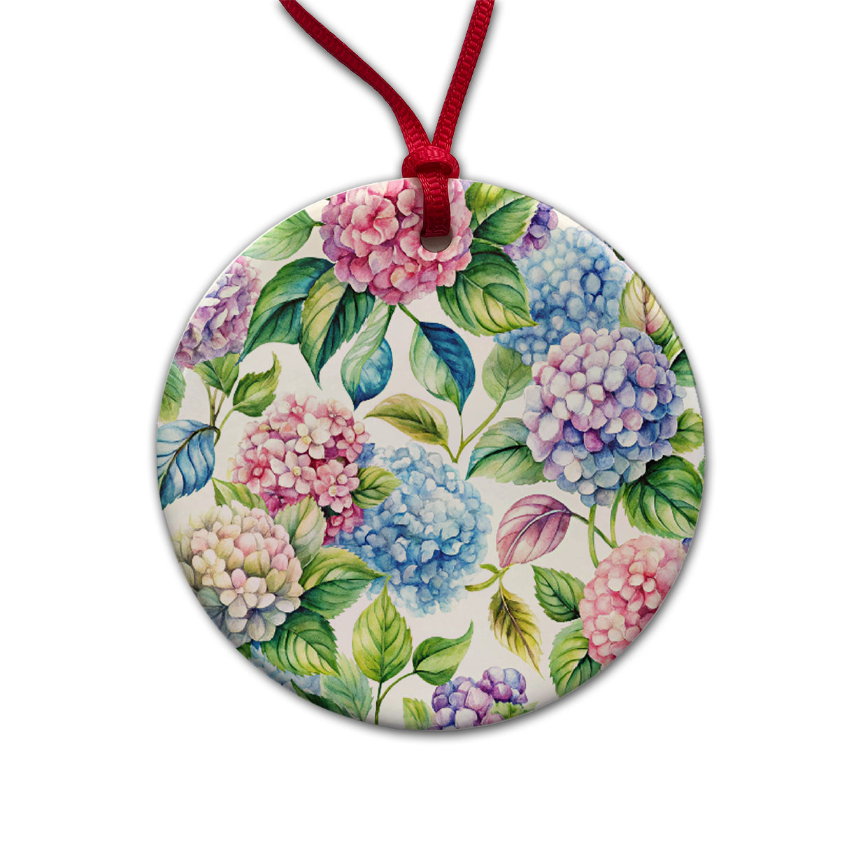 Hydrangea Floral Flowers Round Ceramic Holiday Christmas Tree Ornament