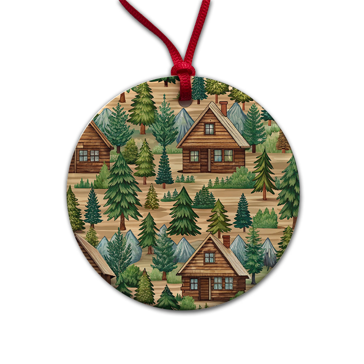 Log Cabin Pattern Round Ceramic Holiday Christmas Tree Ornament