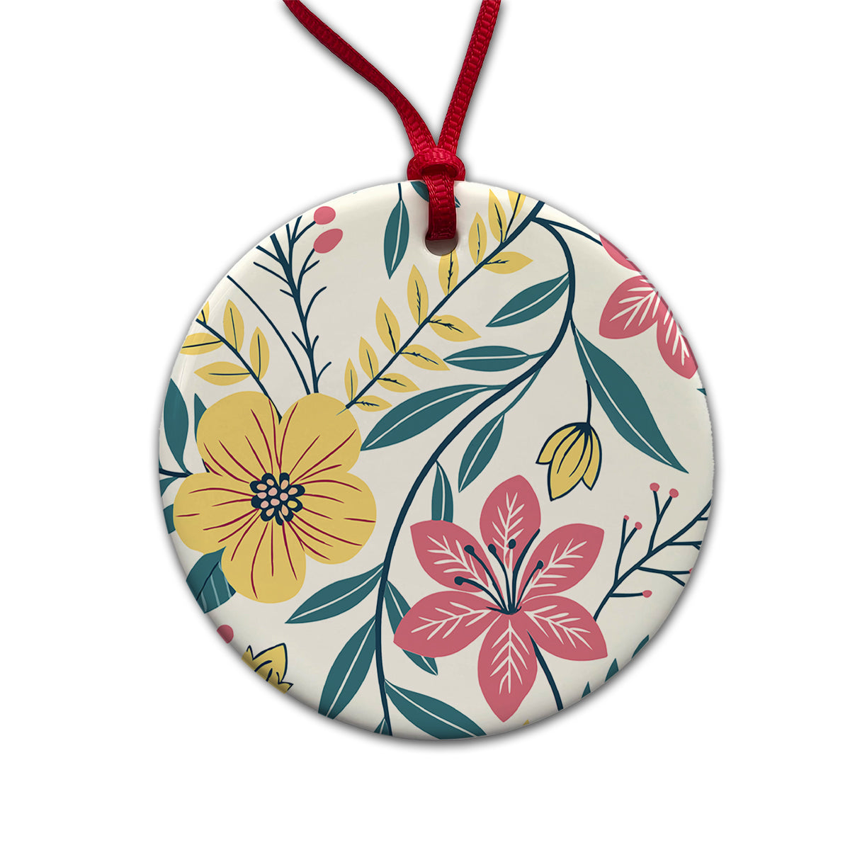 Pretty Flowers Floral Motif Colorful Round Ceramic Holiday Christmas Tree Ornament