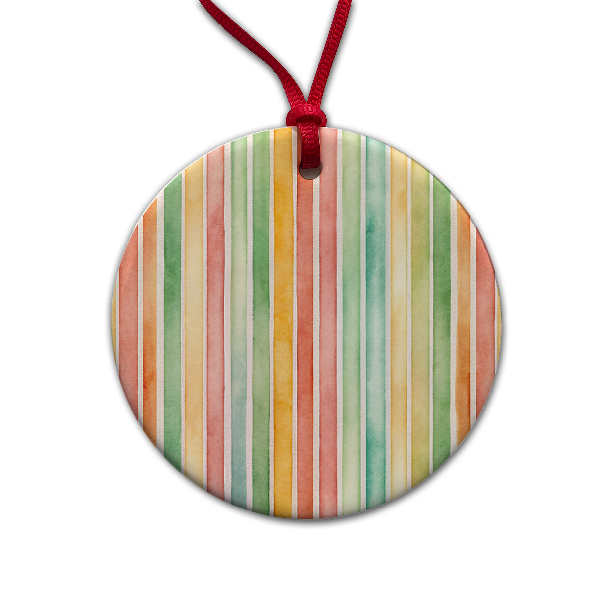 Striped 70s Wallpaper Round Ceramic Holiday Christmas Tree Ornament