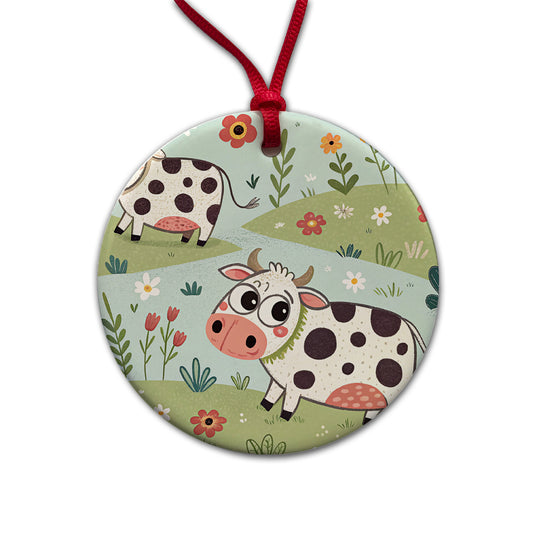 Adorable Dairy Cows Round Ceramic Holiday Christmas Tree Ornament