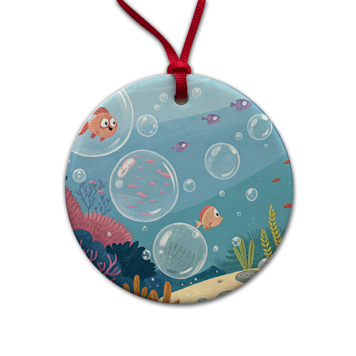 Bubbles Under Water Fish Round Ceramic Holiday Christmas Tree Ornament
