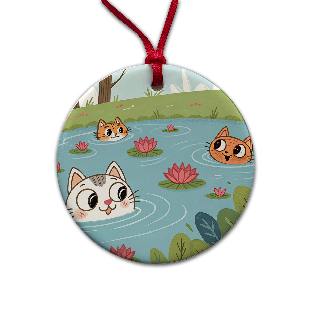 Cats Swimming In Pond Cute Round Ceramic Holiday Christmas Tree Ornament