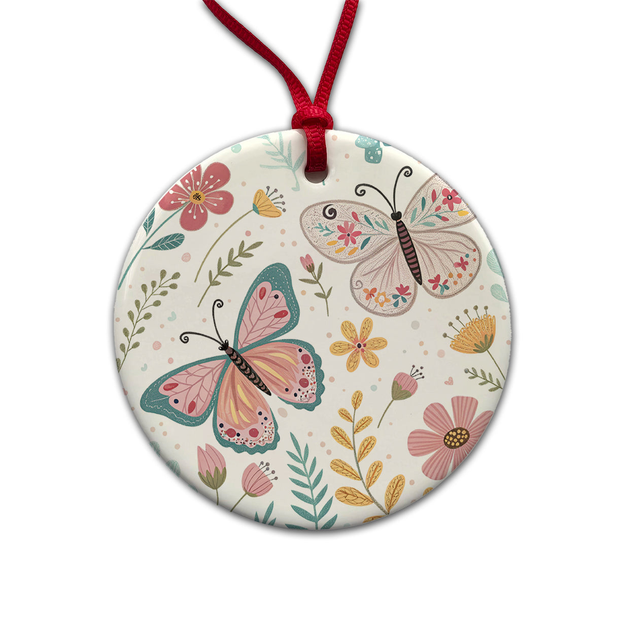 Cute Butterflies Pastel Round Ceramic Holiday Christmas Tree Ornament