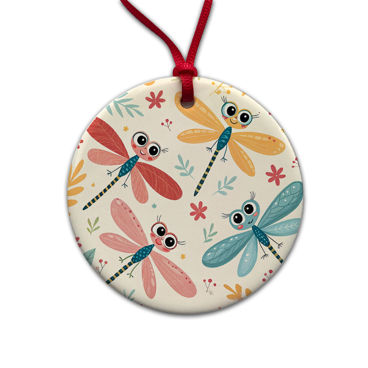 Cute Dragonflies Round Ceramic Holiday Christmas Tree Ornament