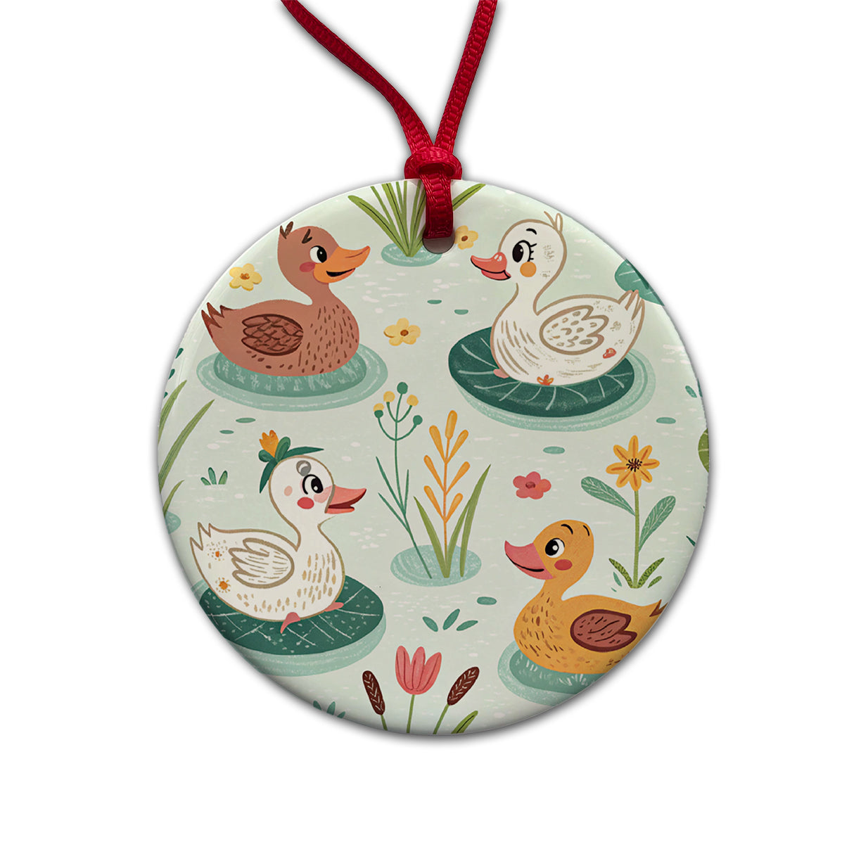 Cute Ducks In Pond Round Ceramic Holiday Christmas Tree Ornament