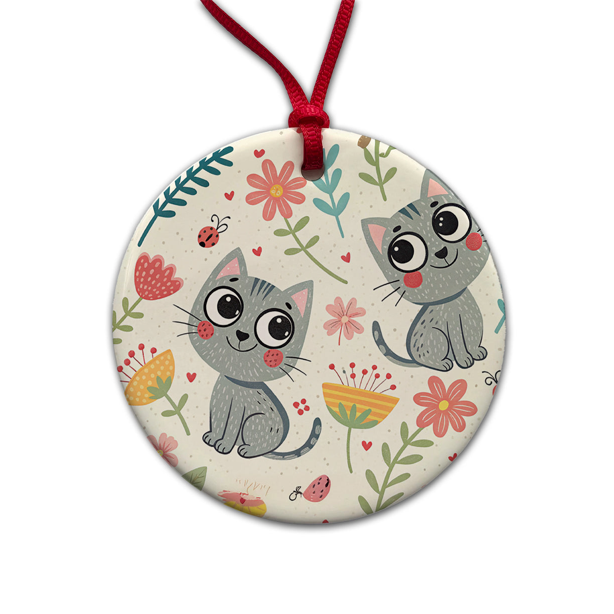 Cute Gray Cats Round Ceramic Holiday Christmas Tree Ornament