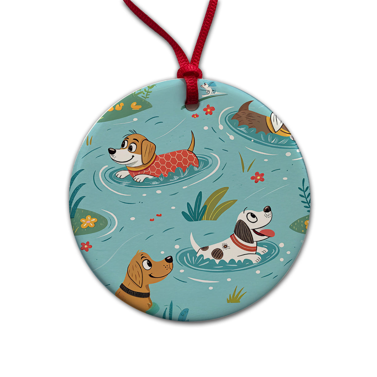 Dogs Swimming Playing In Pond Round Ceramic Holiday Christmas Tree Ornament
