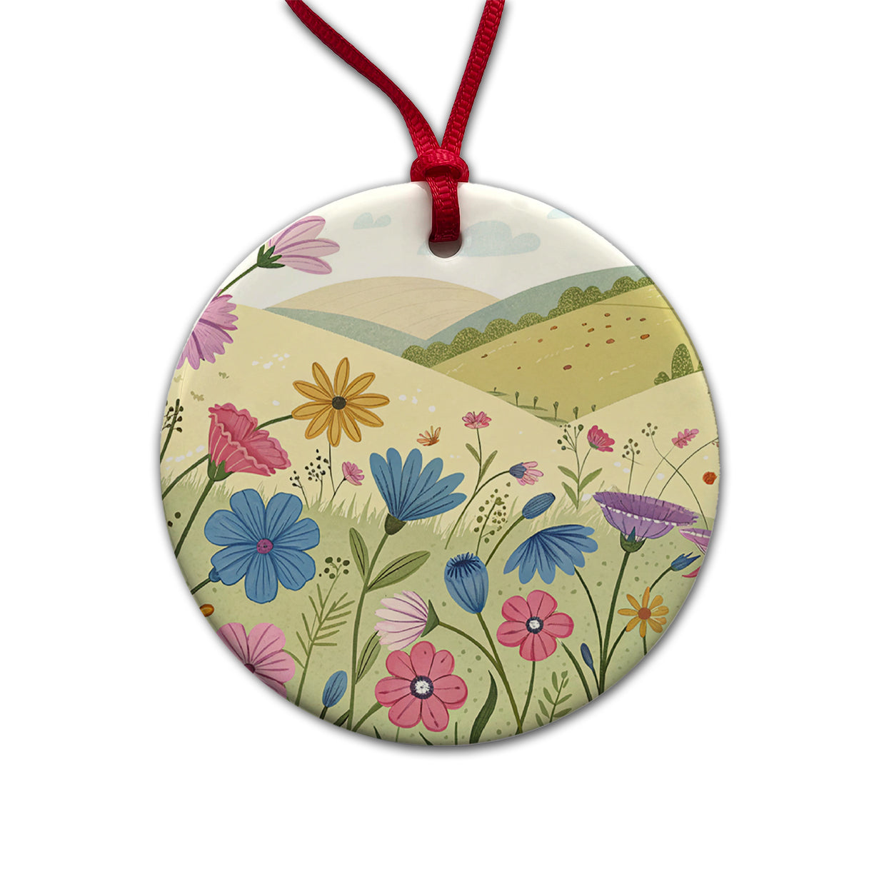 Field Of Corncockle Flowers Round Ceramic Holiday Christmas Tree Ornament