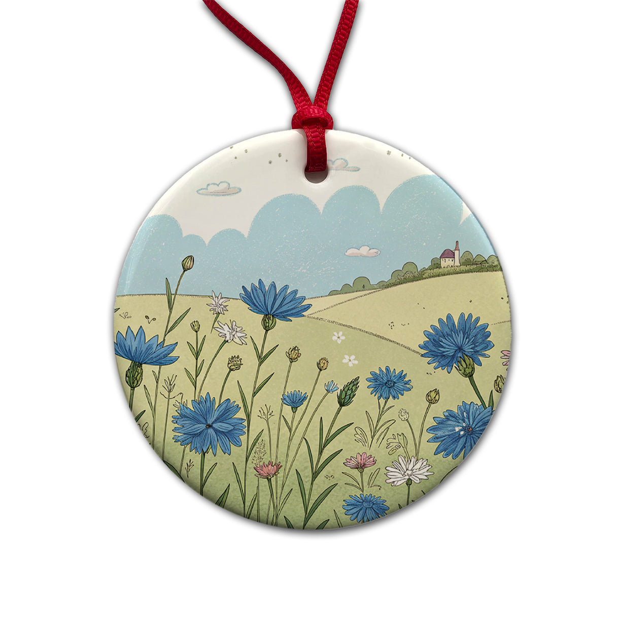 Field Of Cornflowers Flowers Round Ceramic Holiday Christmas Tree Ornament