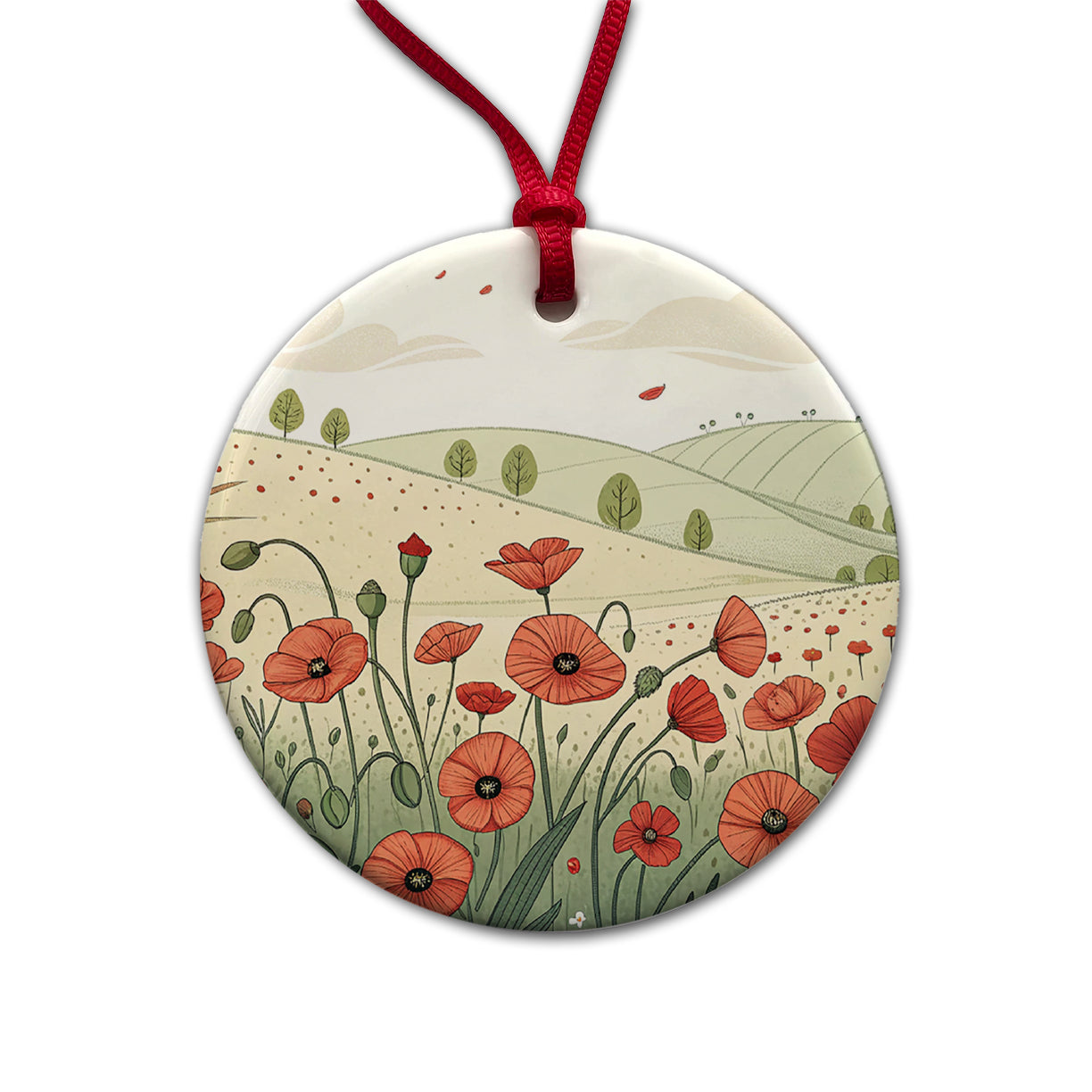 Field Of Poppies Poppy Flowers Round Ceramic Holiday Christmas Tree Ornament