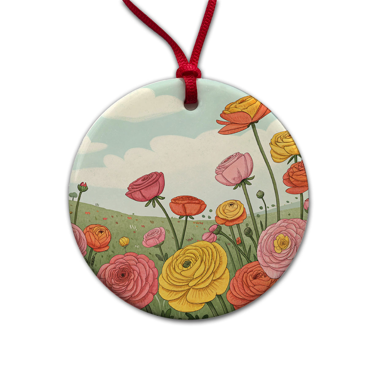 Field Of Ranunculus Flowers Round Ceramic Holiday Christmas Tree Ornament