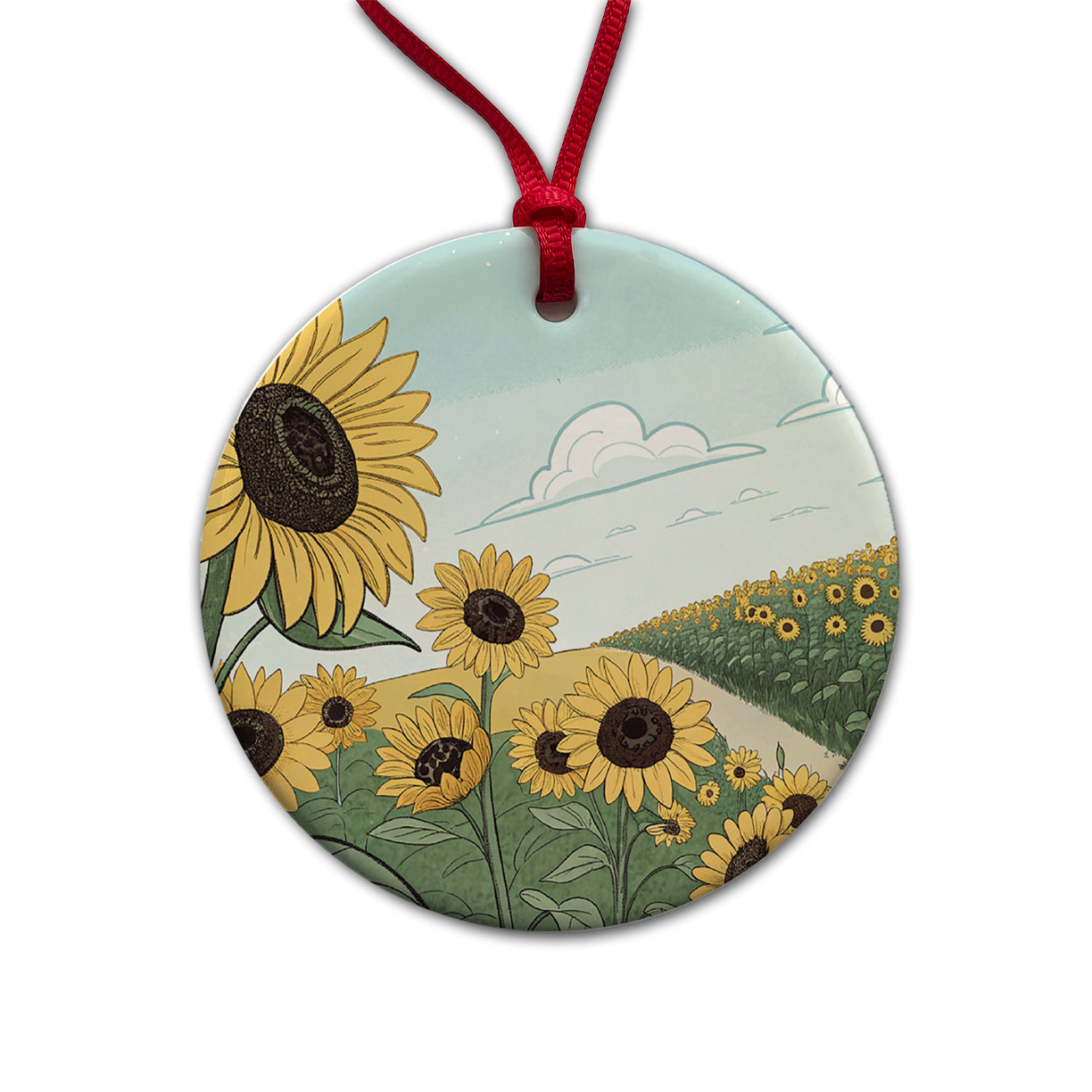 Field Of Sunflowers Flowers Round Ceramic Holiday Christmas Tree Ornament