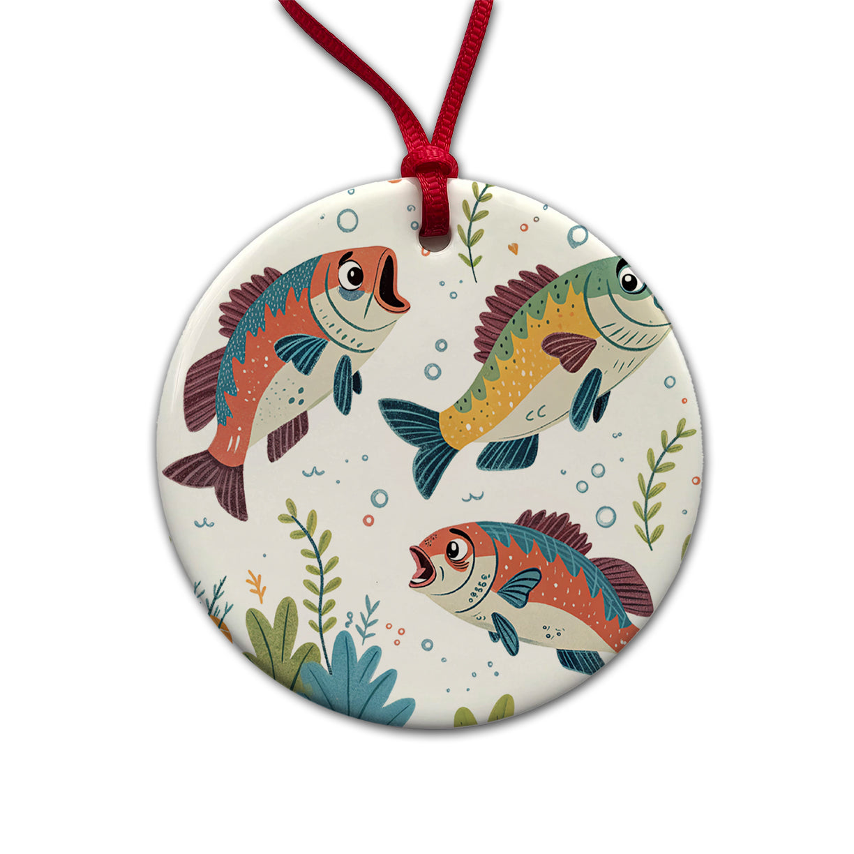 Fish Fishing Cute Cartoon Round Ceramic Holiday Christmas Tree Ornament