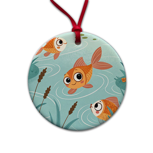 Gold Fish Swimming In Pond Round Ceramic Holiday Christmas Tree Ornament