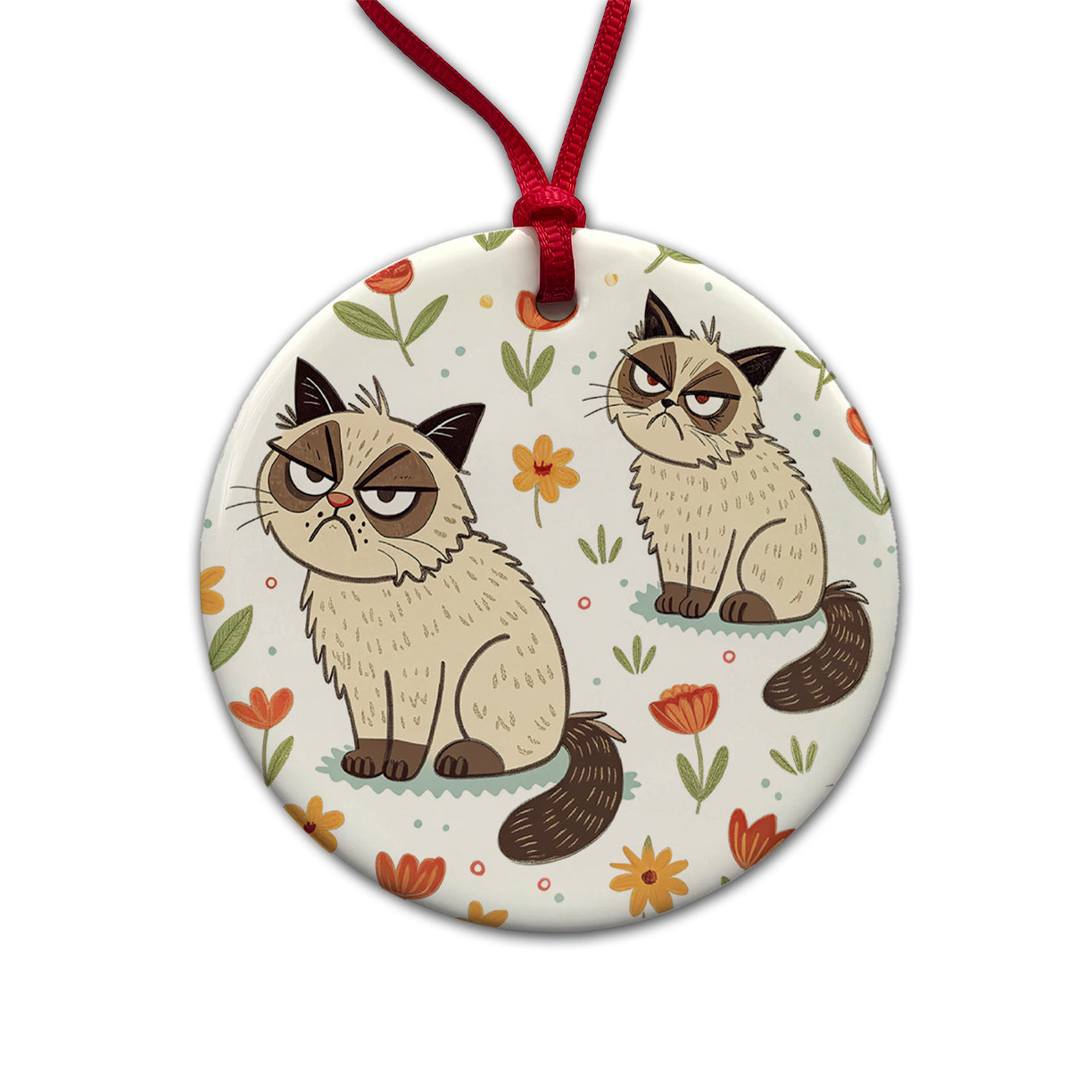 Grumpy Persian Cat Round Ceramic Holiday Christmas Tree Ornament