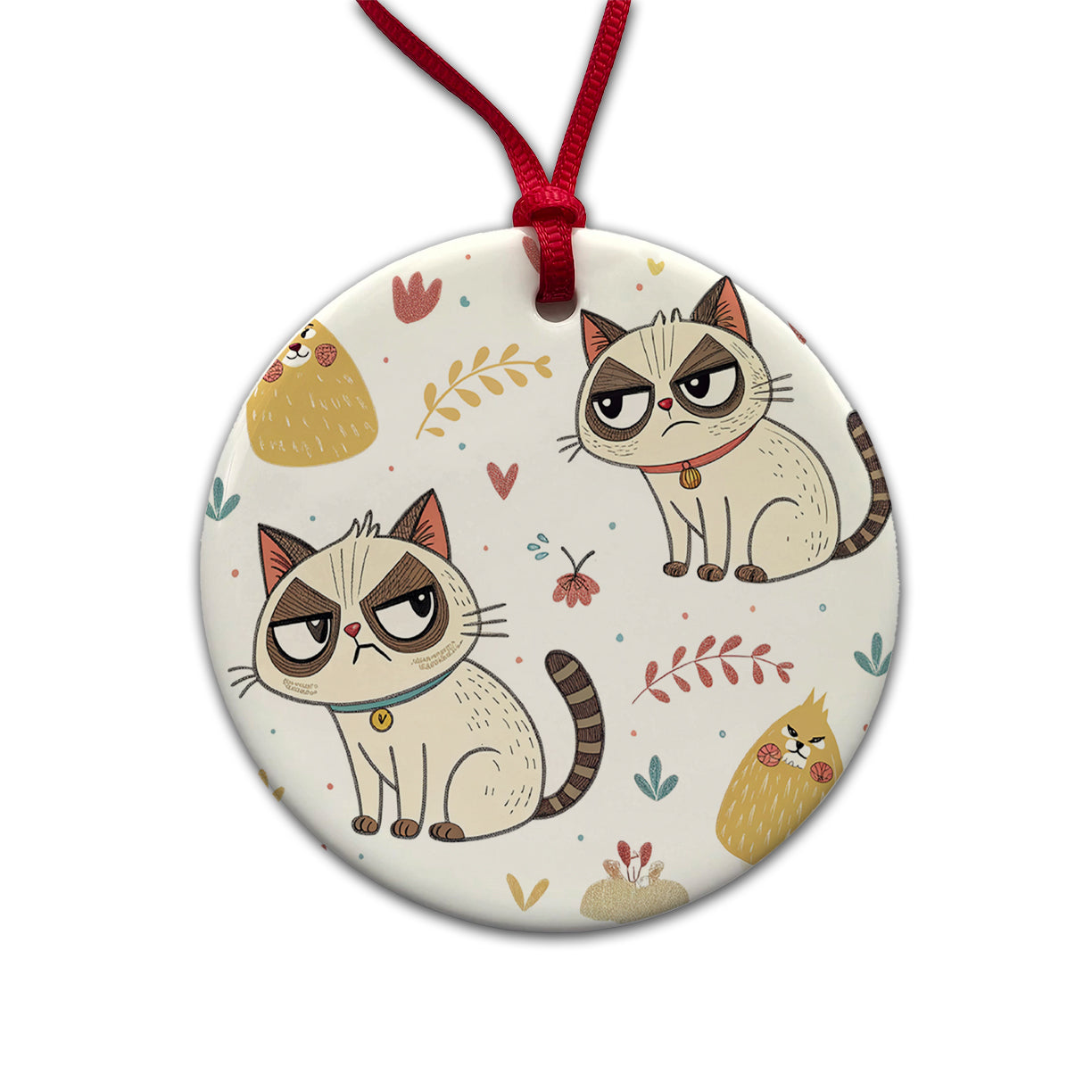 Grumpy Persian Kitties Cats Round Ceramic Holiday Christmas Tree Ornament
