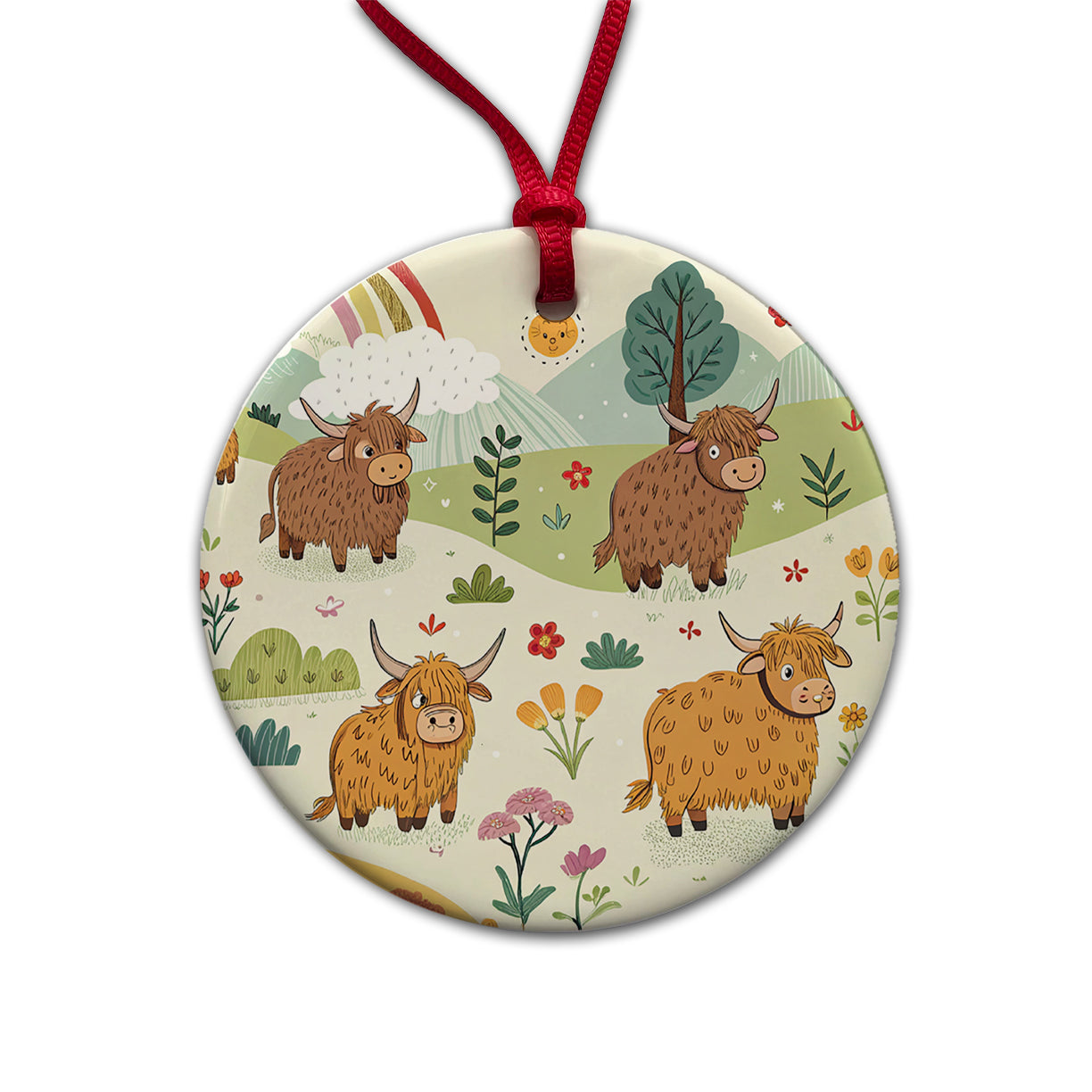 Highland Cows Scattered Round Ceramic Holiday Christmas Tree Ornament