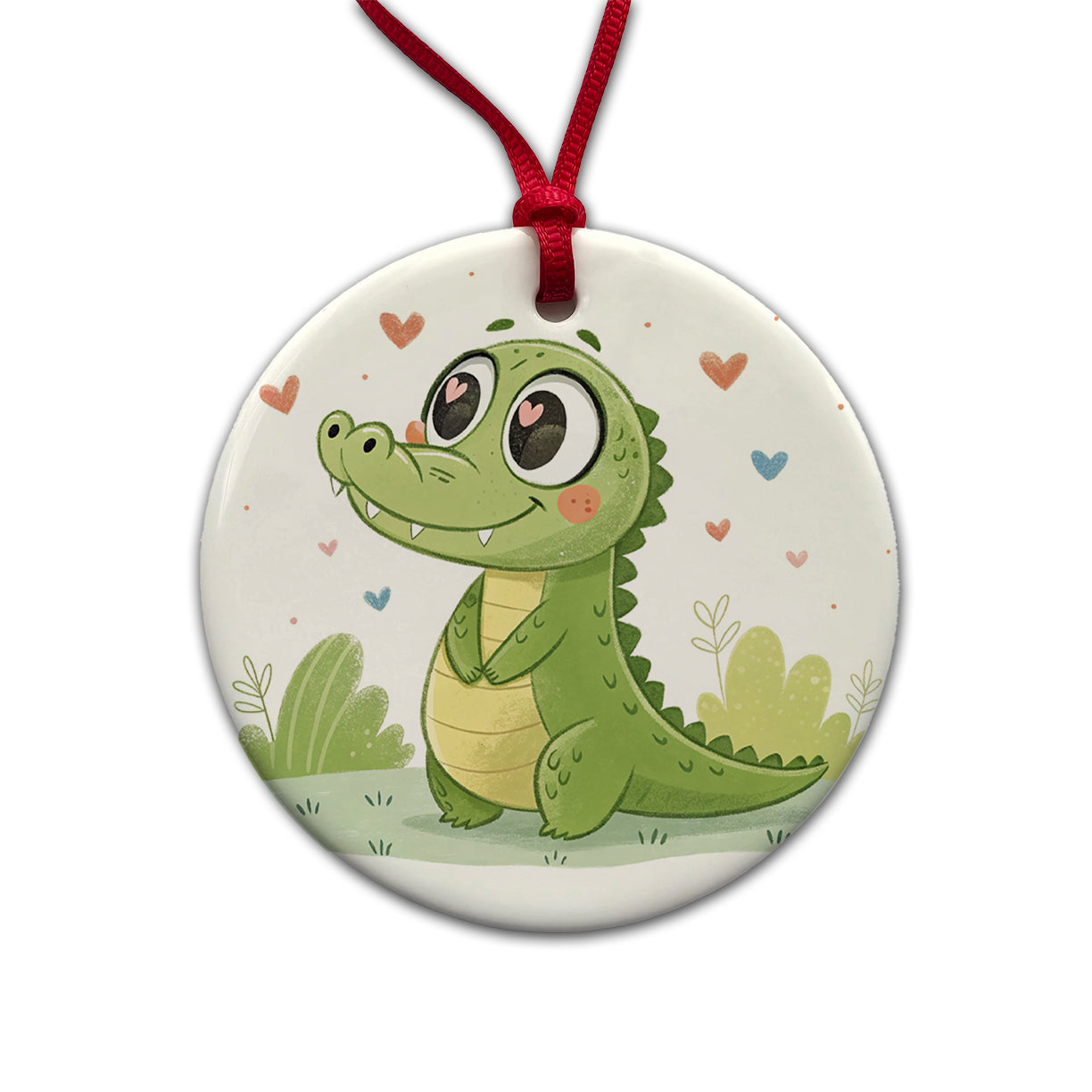 Kawaii Alligator Crocodile Love Hearts Round Ceramic Holiday Christmas Tree Ornament