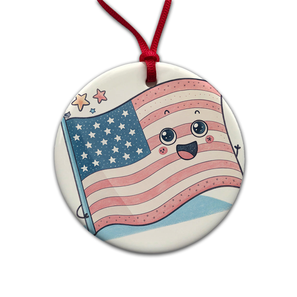 Kawaii American USA Flag Round Ceramic Holiday Christmas Tree Ornament