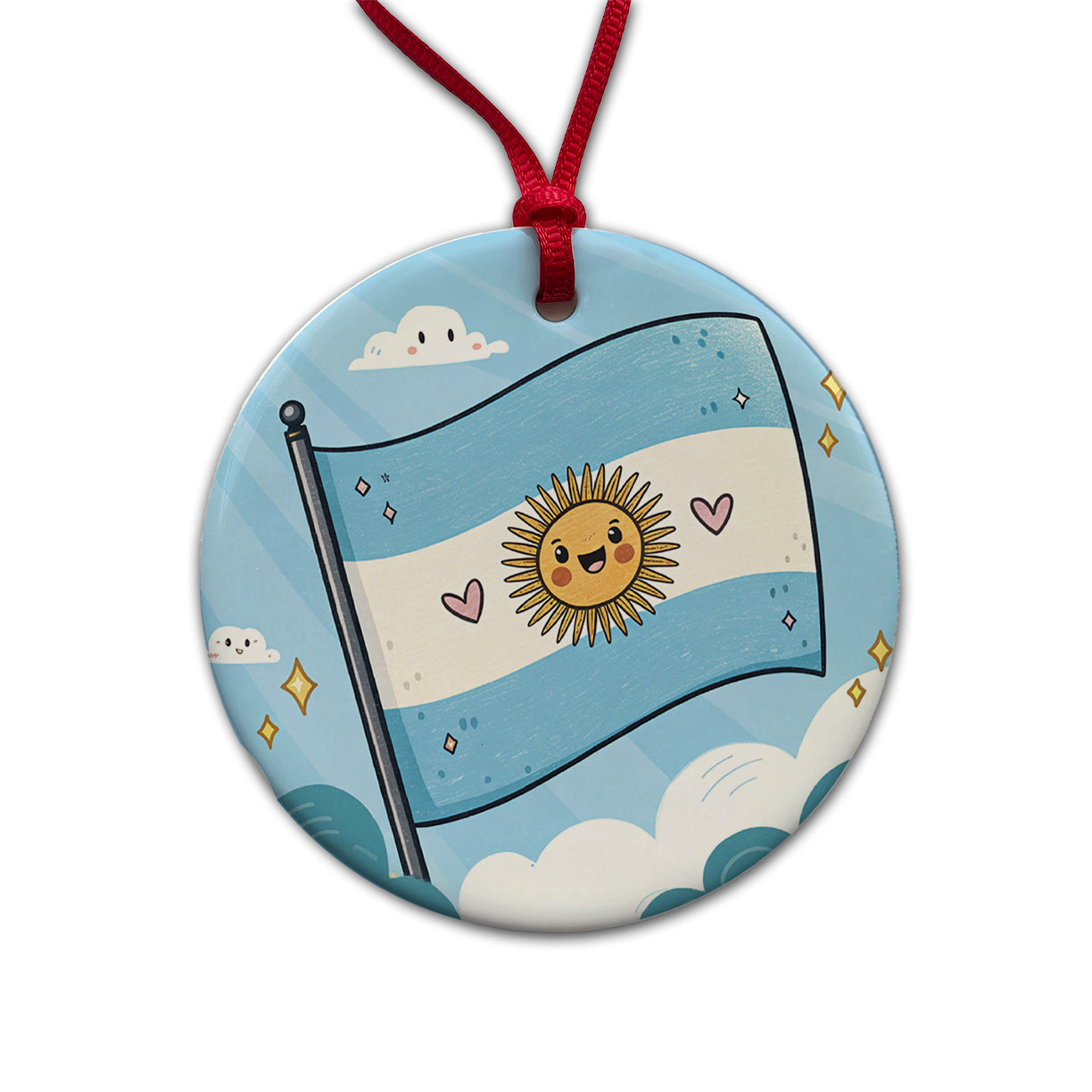 Kawaii Argentina Flag Round Ceramic Holiday Christmas Tree Ornament