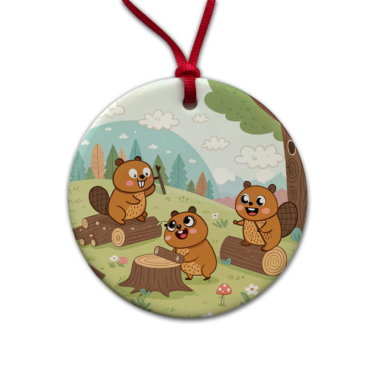 Kawaii Beavers Round Ceramic Holiday Christmas Tree Ornament