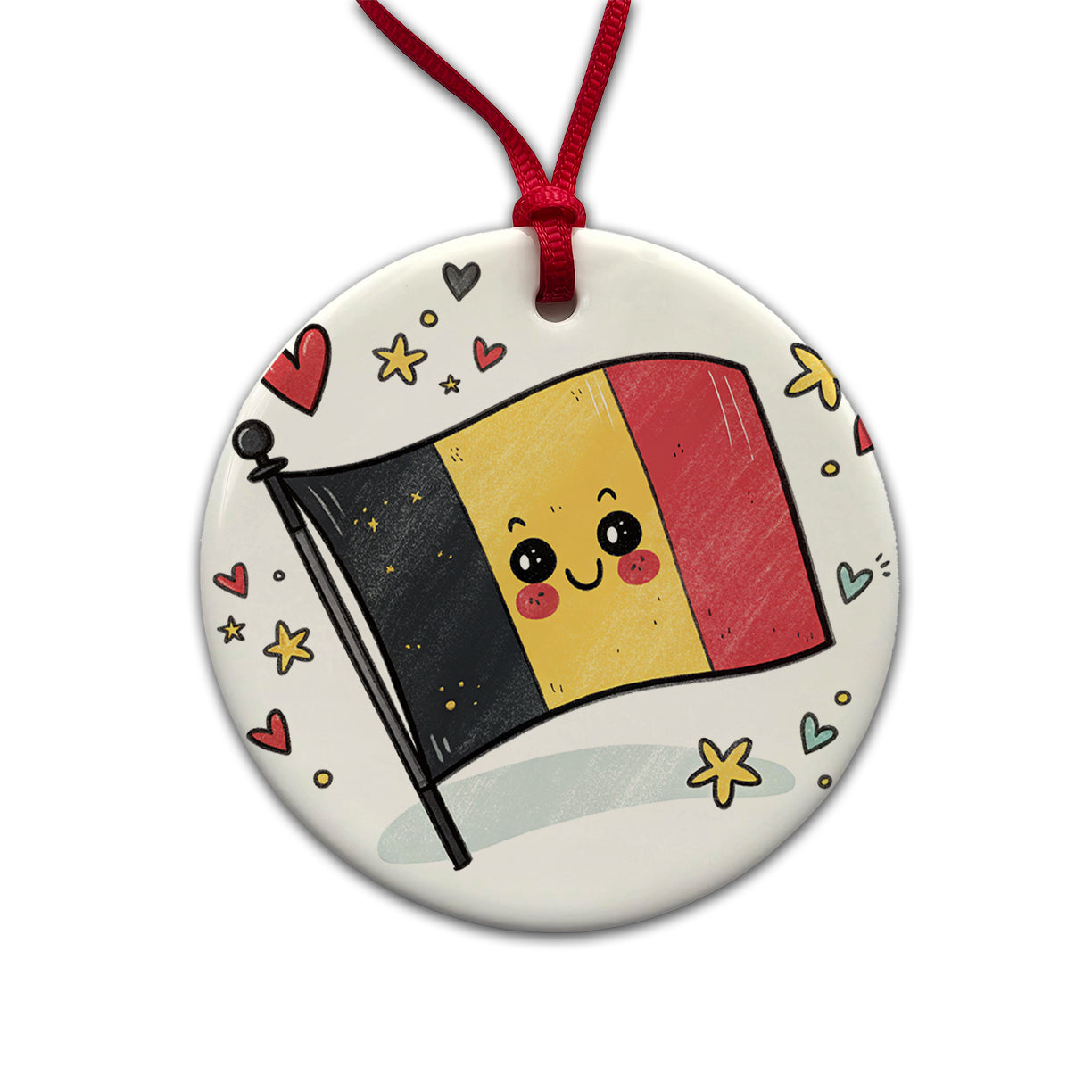 Kawaii Belgium Flag Round Ceramic Holiday Christmas Tree Ornament