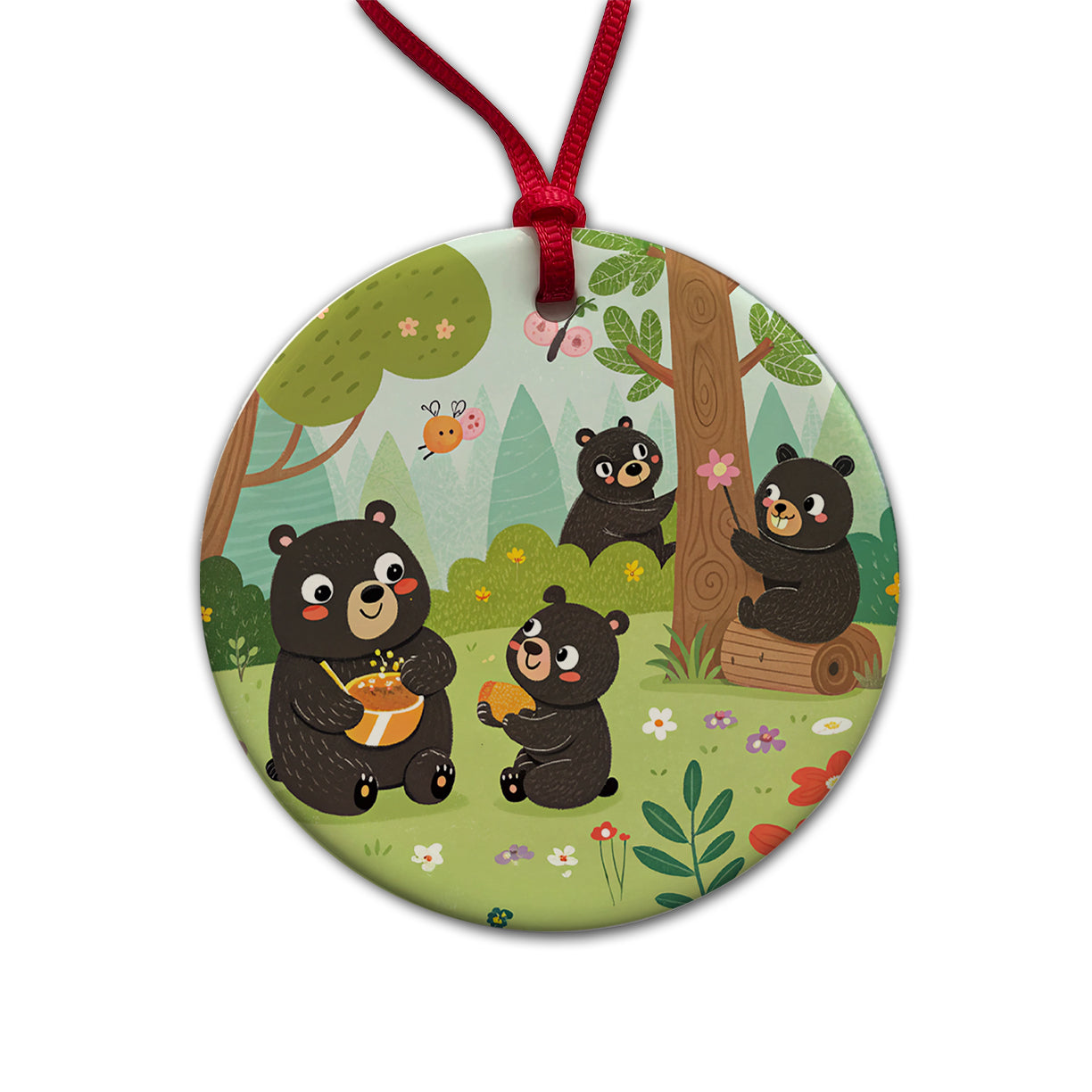 Kawaii Black Bears Round Ceramic Holiday Christmas Tree Ornament