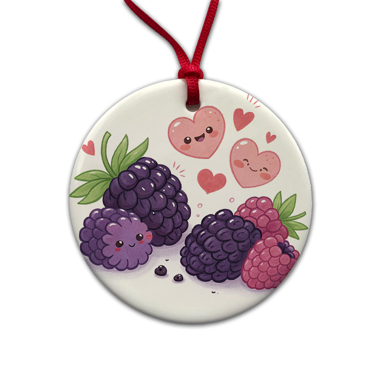 Kawaii Blackberries And Hearts Round Ceramic Holiday Christmas Tree Ornament