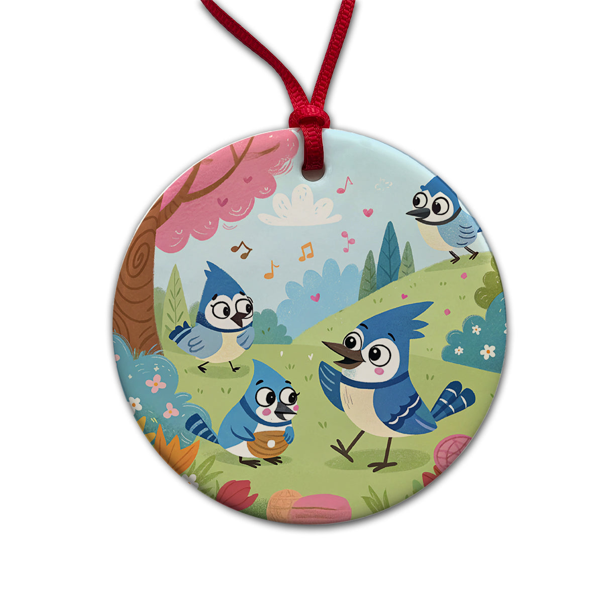 Kawaii Blue Jays Birds Round Ceramic Holiday Christmas Tree Ornament