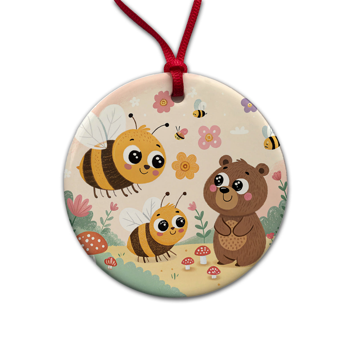 Kawaii Bumble Bees Bear Round Ceramic Holiday Christmas Tree Ornament