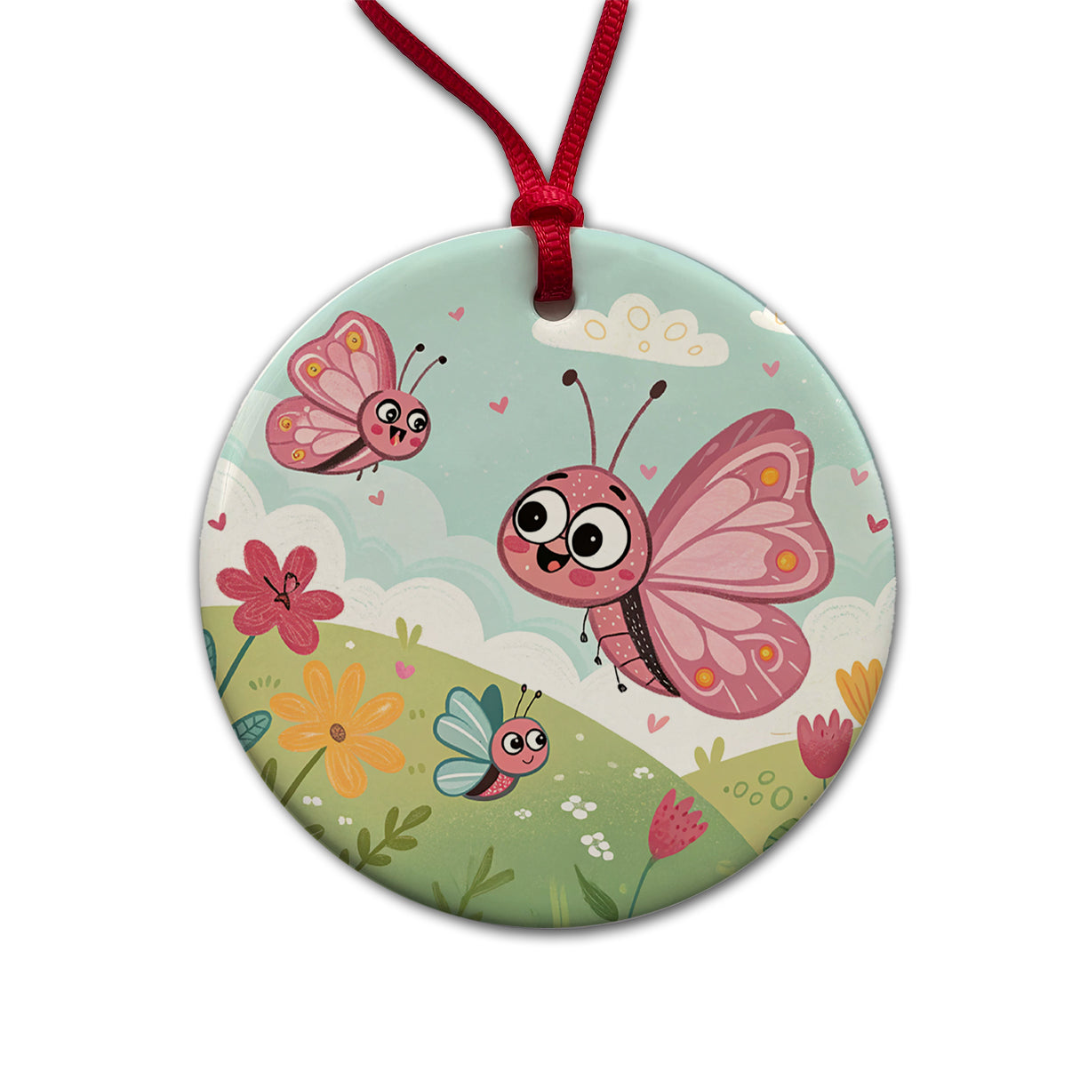 Kawaii Butterflies Round Ceramic Holiday Christmas Tree Ornament