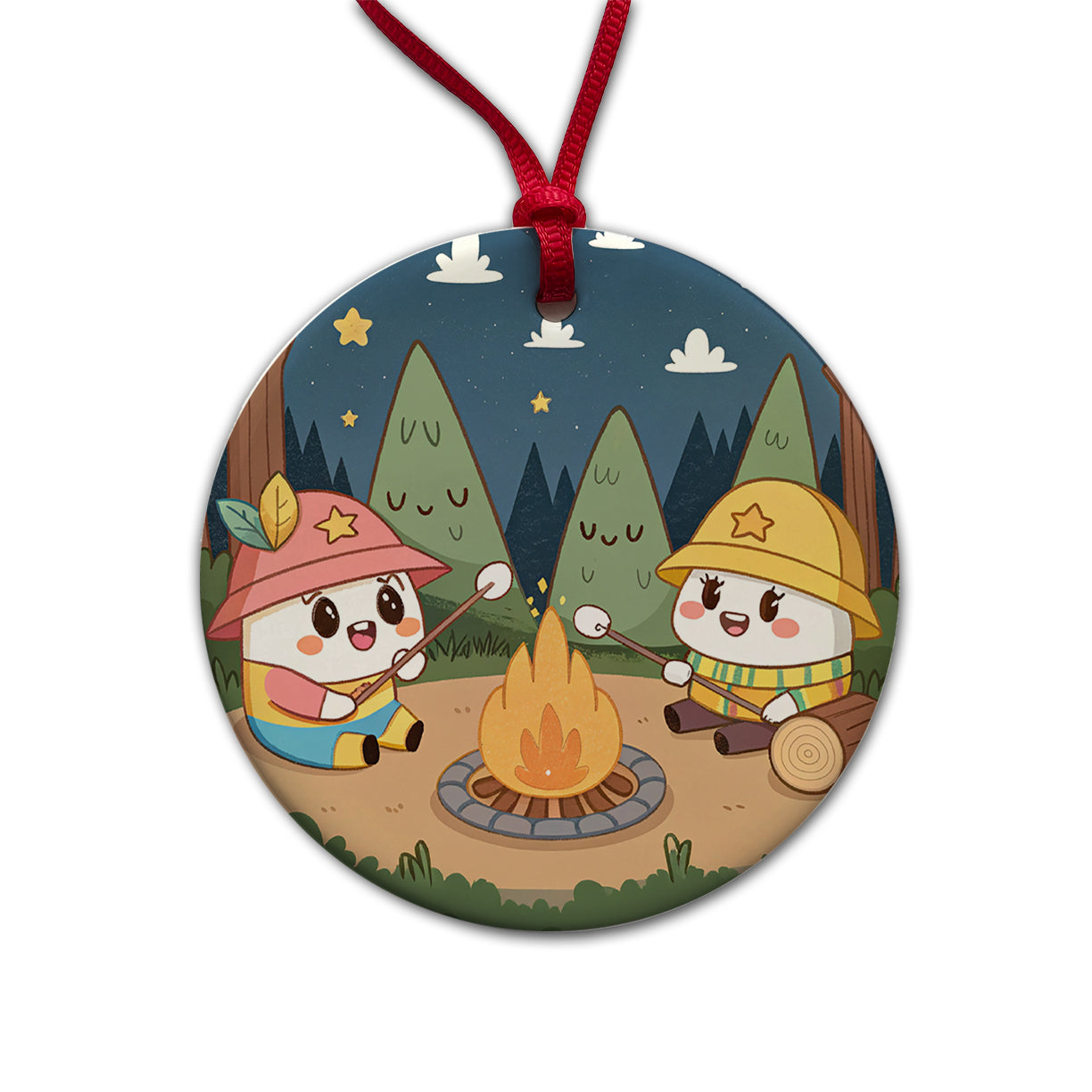 Kawaii Camping Roasting Marshmallows Round Ceramic Holiday Christmas Tree Ornament