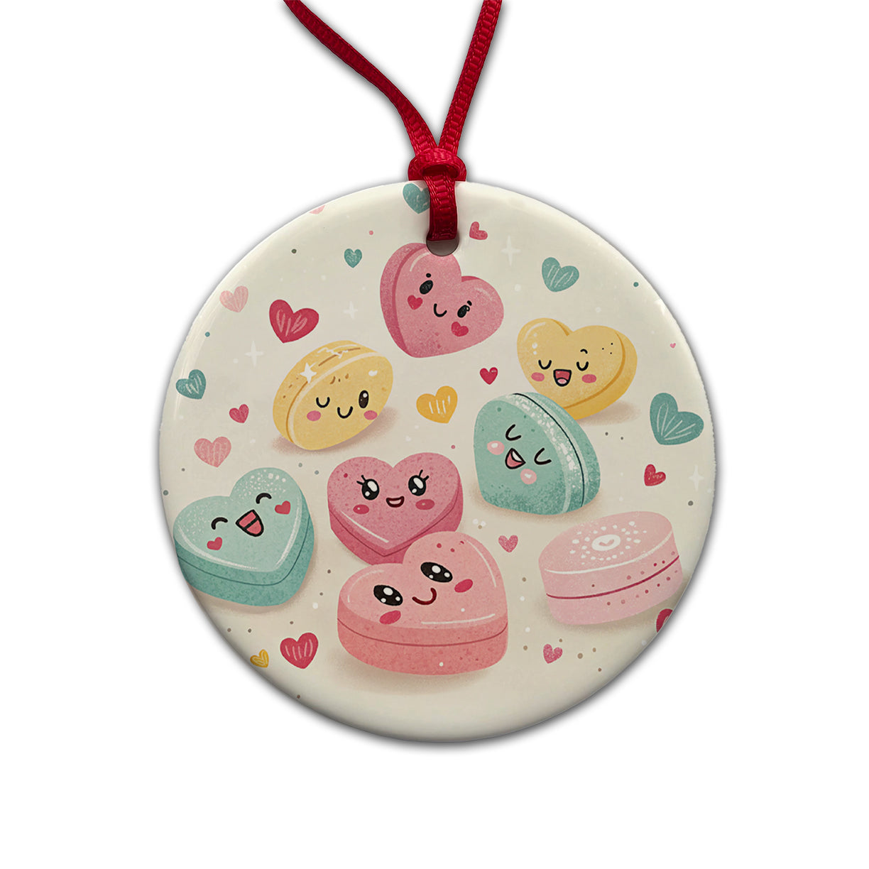 Kawaii Candies And Hearts Valentine's Day Round Ceramic Holiday Christmas Tree Ornament