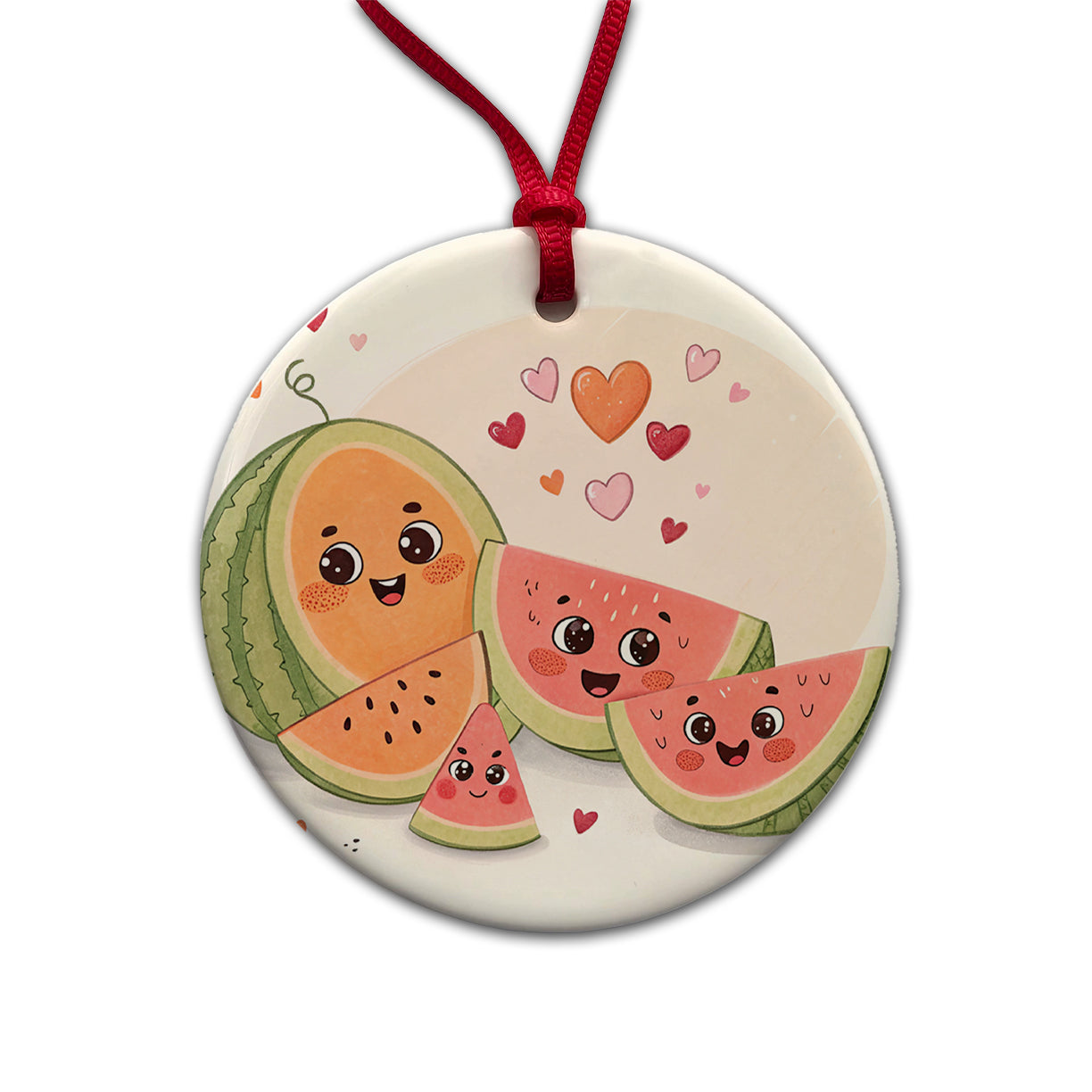 Kawaii Cantaloupes Watermelon Hearts Round Ceramic Holiday Christmas Tree Ornament