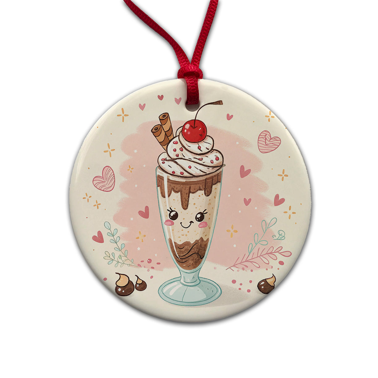 Kawaii Chocolate Milk Shake Round Ceramic Holiday Christmas Tree Ornament