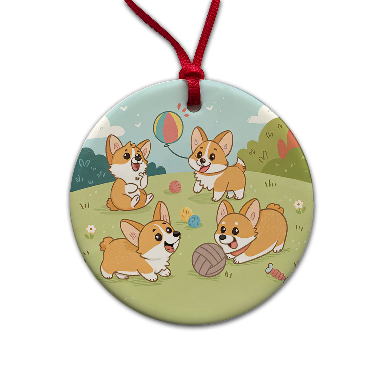 Kawaii Corgis Dogs Playing Round Ceramic Holiday Christmas Tree Ornament