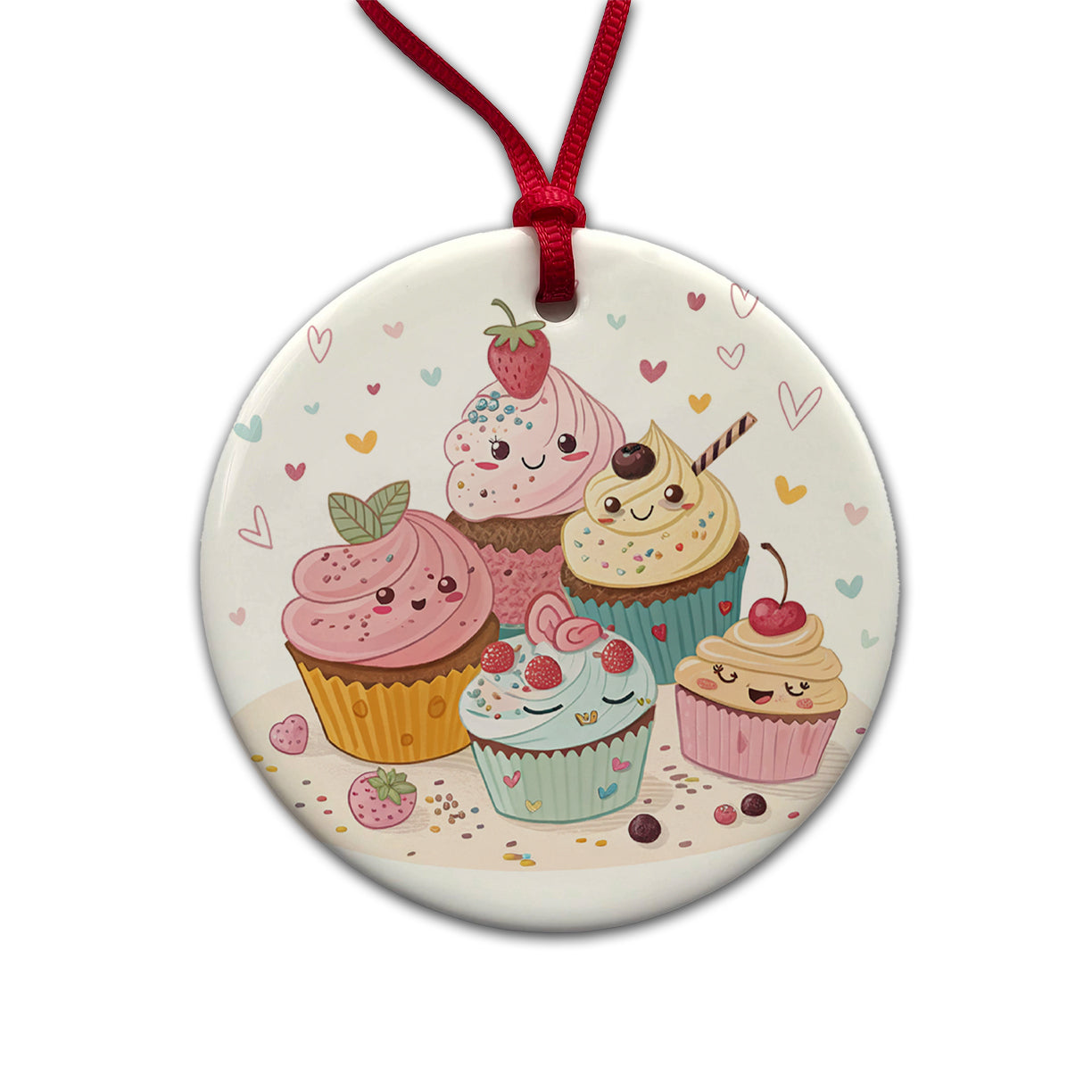 Kawaii Cupcakes Cute Round Ceramic Holiday Christmas Tree Ornament