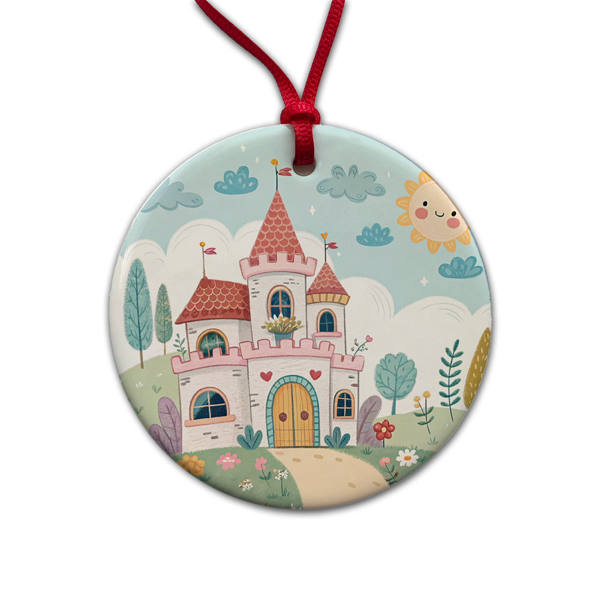 Kawaii Cute Castle Round Ceramic Holiday Christmas Tree Ornament