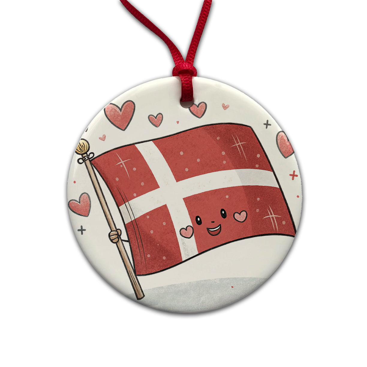Kawaii Denmark Flag Round Ceramic Holiday Christmas Tree Ornament