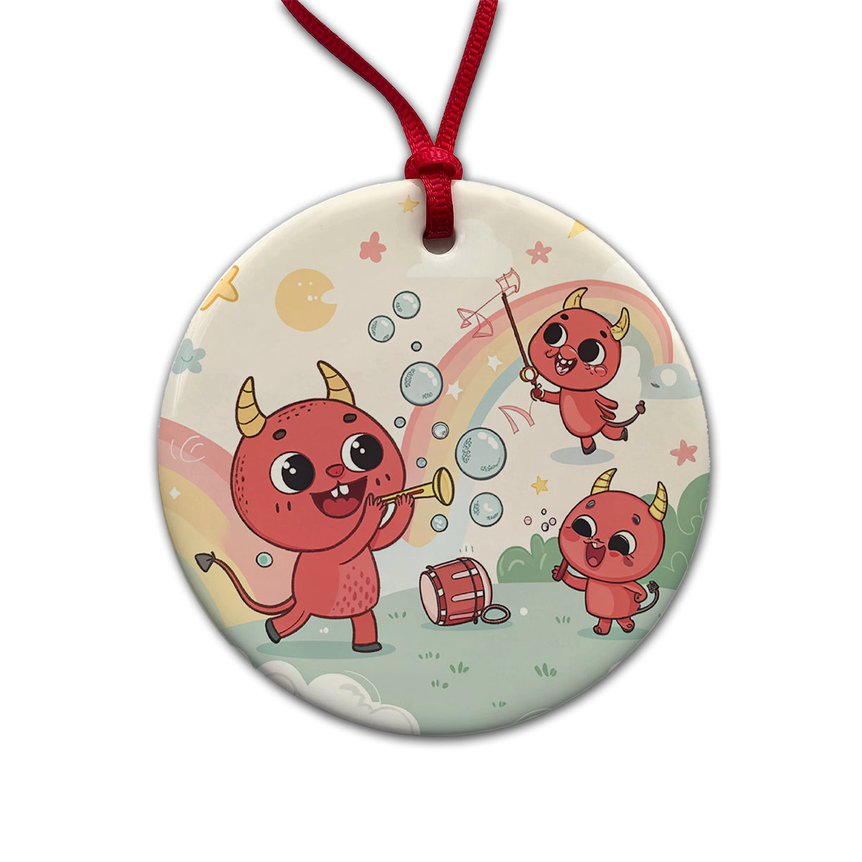 Kawaii Devils Round Ceramic Holiday Christmas Tree Ornament