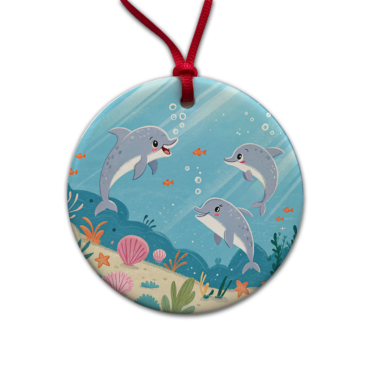 Kawaii Dolphins Round Ceramic Holiday Christmas Tree Ornament
