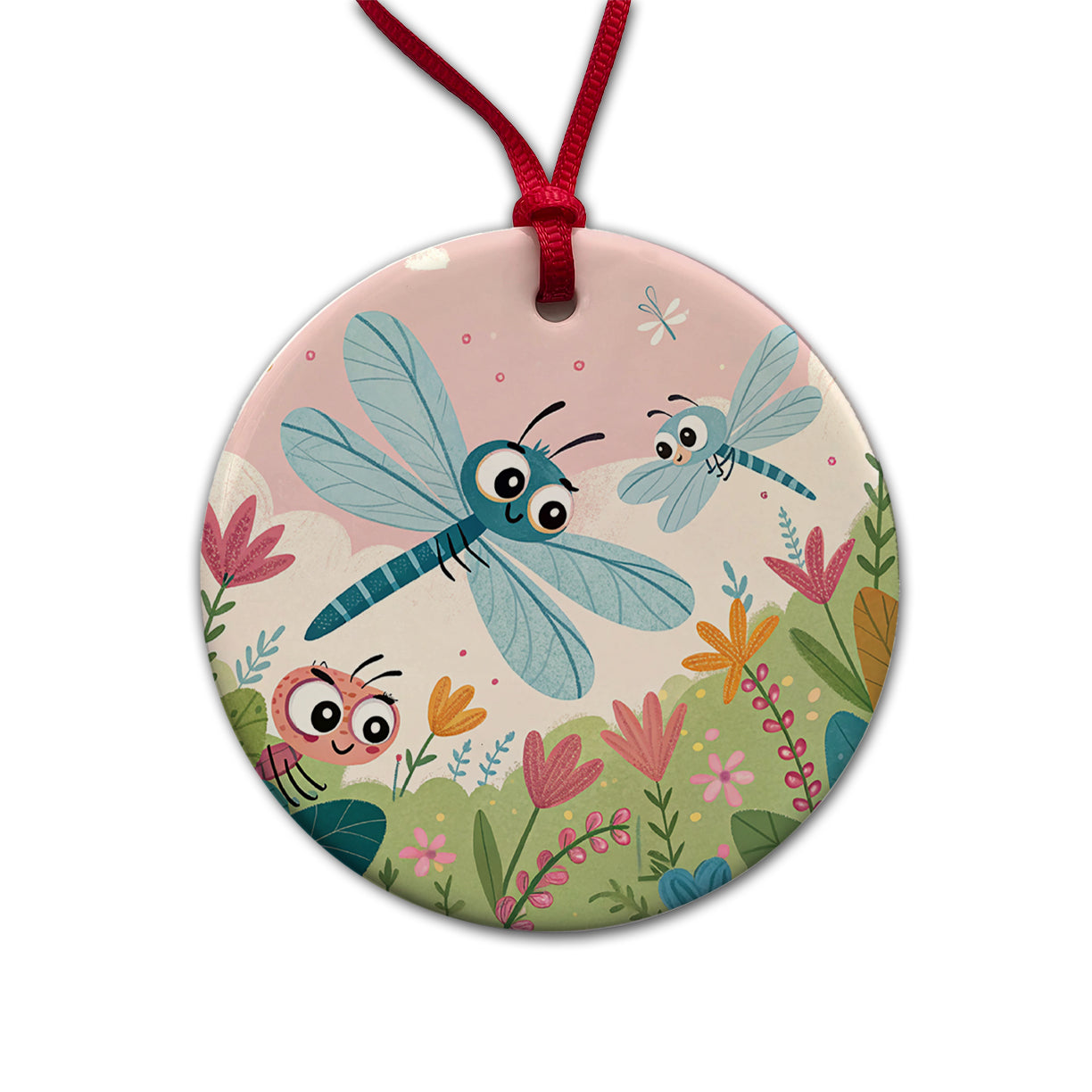 Kawaii Dragonflies Round Ceramic Holiday Christmas Tree Ornament