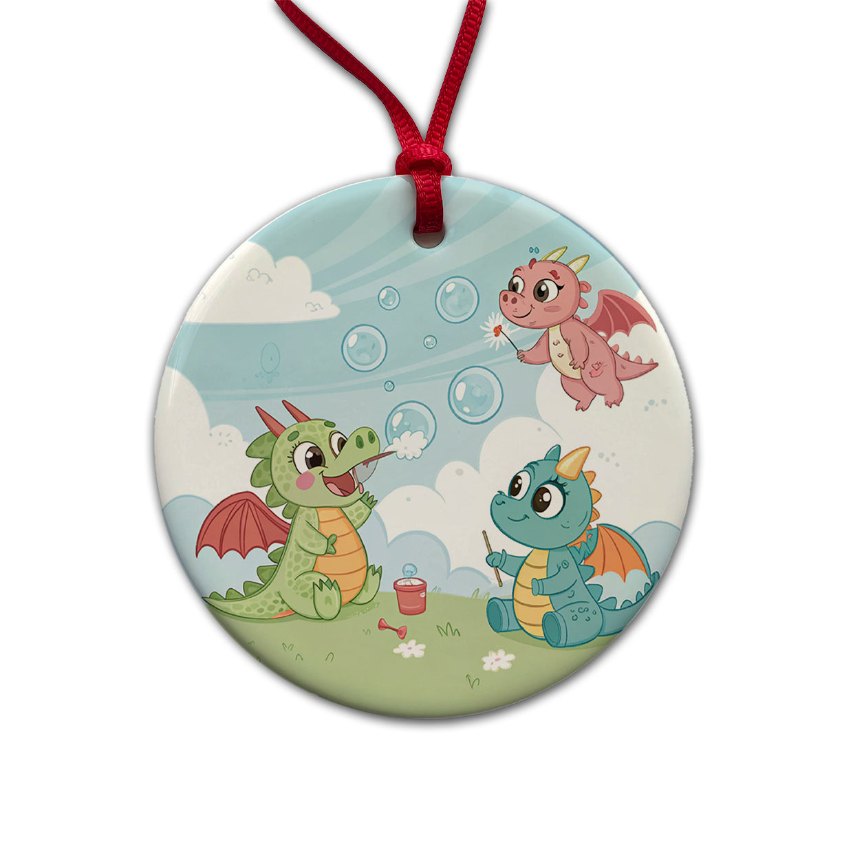 Kawaii Dragons Cute Round Ceramic Holiday Christmas Tree Ornament