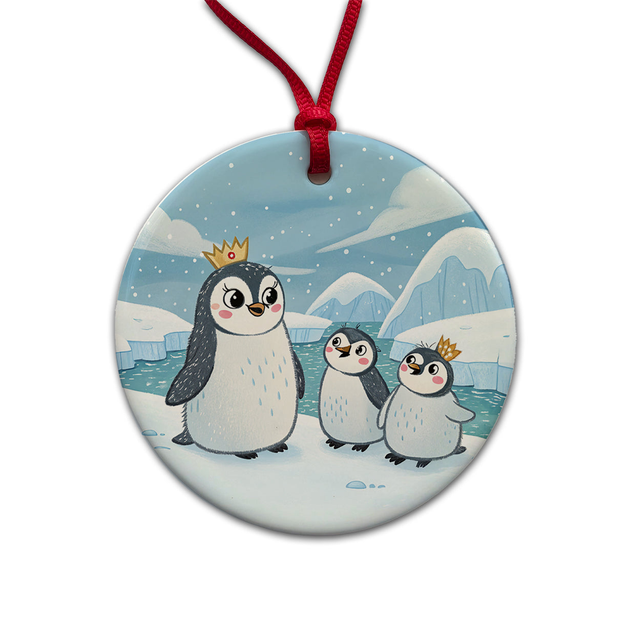 Kawaii Emperor Penguins Round Ceramic Holiday Christmas Tree Ornament